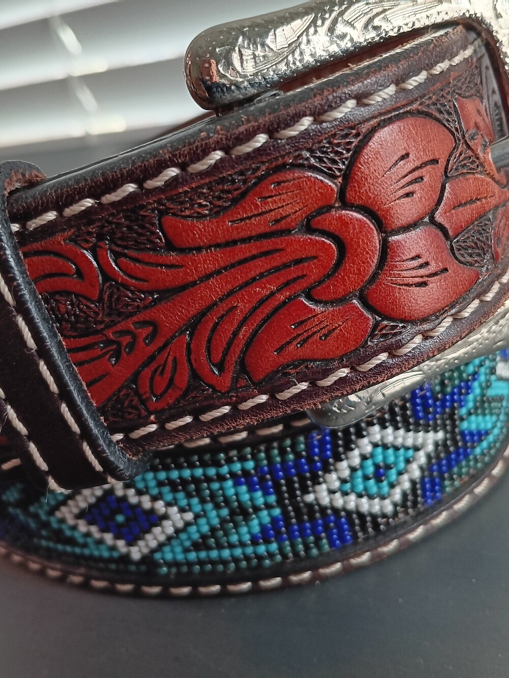 TWISTED X belt western "Aztec" native beaded & "tooled" leather - 32"